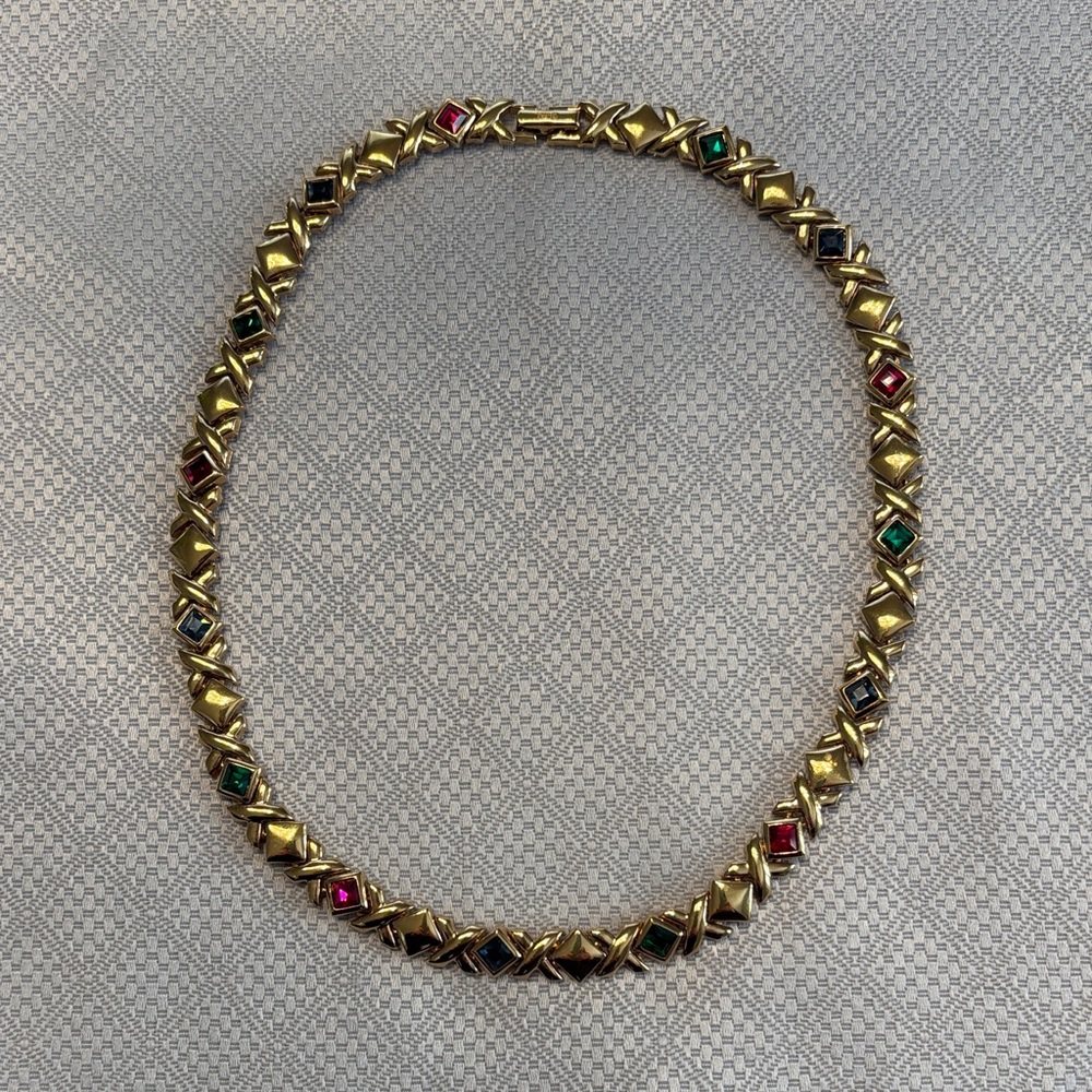 Vintage Carre Gold and Multicolor Gemstone Necklace